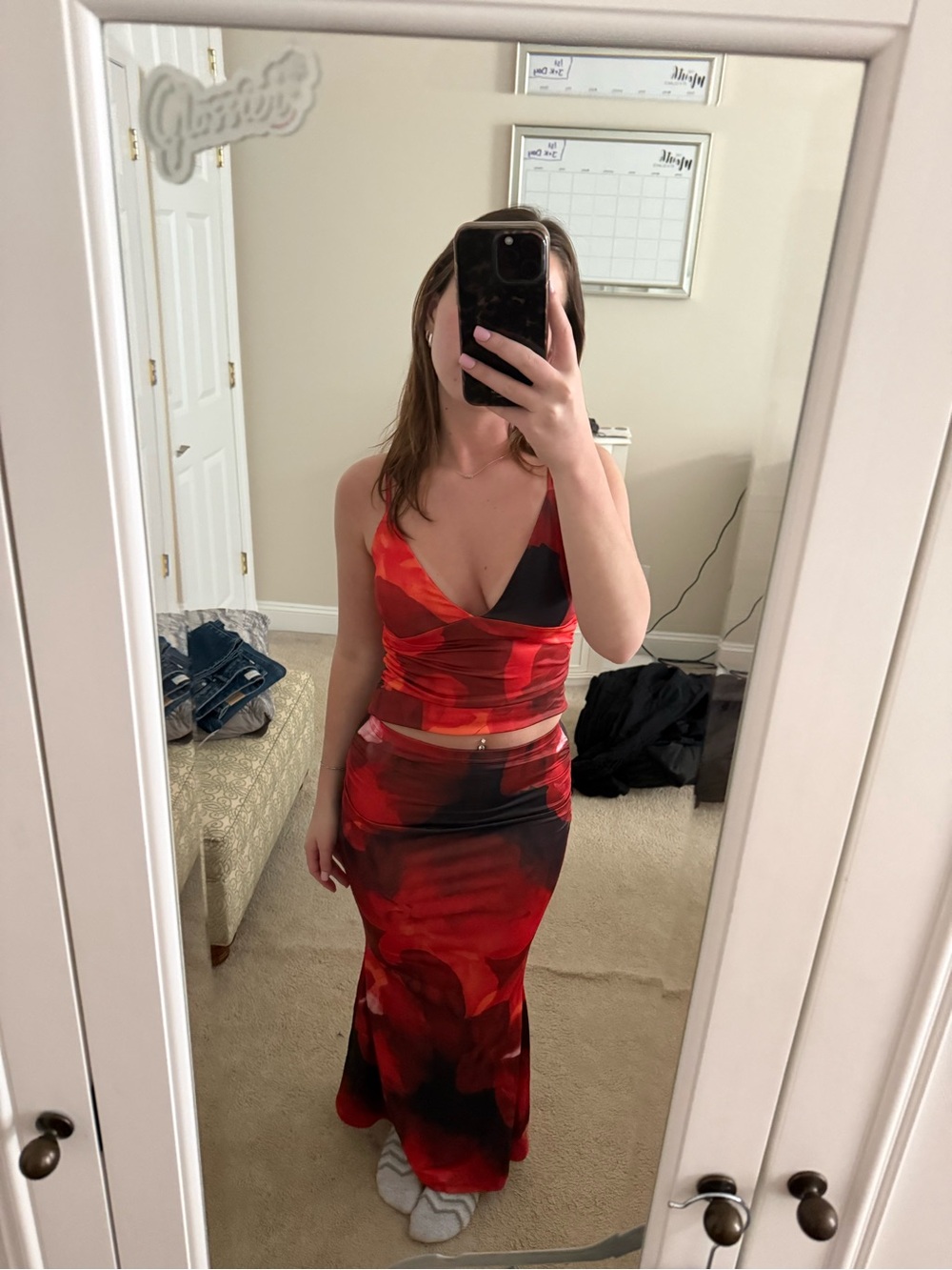 SHEIN Red & Black Floral Satin Maxi Skirt Set